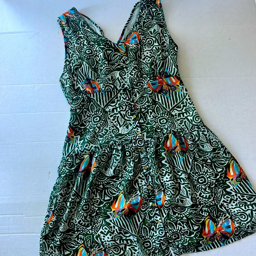 EUC Camilla Tree green & cream v neck fun summer mini tank dress side zip medium